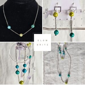 Glow Brite Silver Necklace and Earring Set with Blue and Green Beads